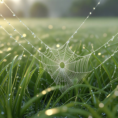 A detailed close-up of an intricate spiderweb, glistening with numerous dew drops. The web is suspended between blades of green grass in a field, catching the soft morning light. The background is a blurred expanse of green grass with beautiful bokeh highlights, emphasizing the delicate structure of the web. The image captures the ephemeral beauty of nature's creations in the early hours.の素材