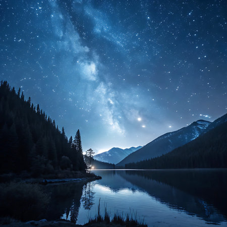 The breathtaking expanse of the Milky Way galaxy stretches across a deep blue night sky, its luminous band of stars and nebulae clearly visible. Below, a still lake perfectly reflects the celestial display and the dark silhouettes of surrounding mountains and a dense forest. The scene is one of profound tranquility and vastness, capturing the beauty of the natural world under a star-filled sky.の素材