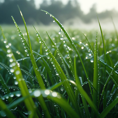 This image captures the delicate beauty of green grass blades covered in morning dew. The soft sunlight creates a gentle haze and beautiful bokeh in the background, drawing attention to the numerous water droplets clinging to the grass. The scene evokes a sense of freshness and natural purity.の素材