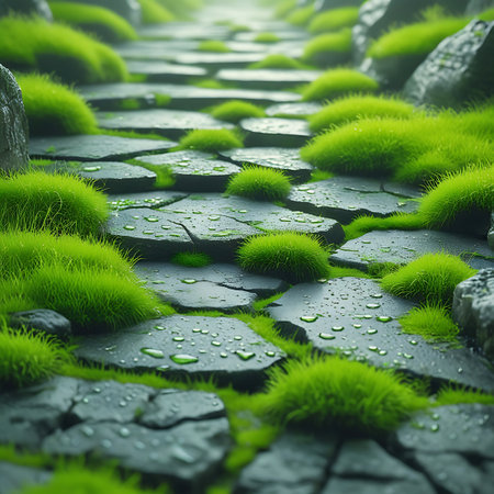 A close-up, angled view of stone steps forming a pathway, heavily overgrown with lush, vibrant green moss. The moss-covered stones are wet, with many visible water droplets clinging to the surfaces and the soft vegetation. The scene conveys a sense of an ancient, natural, and tranquil environment.の素材