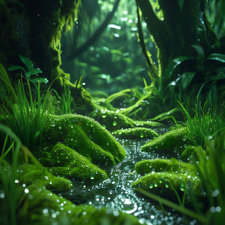 A shallow stream meanders through a dense, green rainforest. The stream bed and surrounding rocks are heavily covered in lush, vibrant moss, glistening with water droplets. Tall grasses sprout from the mossy banks. Soft light filters through the trees, creating a mystical atmosphere, enhanced by the visible rain falling from above. The water is clear and reflects the surrounding greenery.の素材