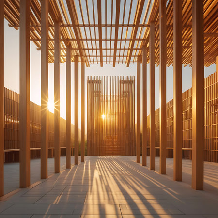 A modern architectural structure featuring a slatted wooden ceiling and vertical wooden posts creates a geometric pattern of light and shadow on a paved walkway. The warm, golden light of the sun, likely during sunrise or sunset, streams through the structure, casting long, distinct shadows. The design emphasizes clean lines and natural materials, creating an open and airy outdoor space.の素材