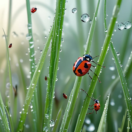 This image captures a close-up perspective of numerous ladybugs and other small insects navigating through lush green grass blades adorned with numerous clear water droplets. The scene emphasizes the delicate details of the insects and the glistening moisture on the grass, showcasing the intricate beauty of the natural world.の素材