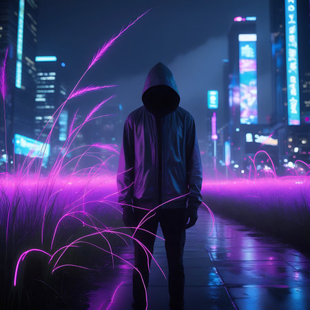 A person wearing a dark hooded jacket stands on a wet, reflective pathway in a futuristic urban environment at night. The path is bordered by luminous purple grass. The background features a cityscape with tall buildings illuminated by vibrant neon signs in shades of blue and pink. The overall mood is dark, mysterious, and technologically advanced.の素材