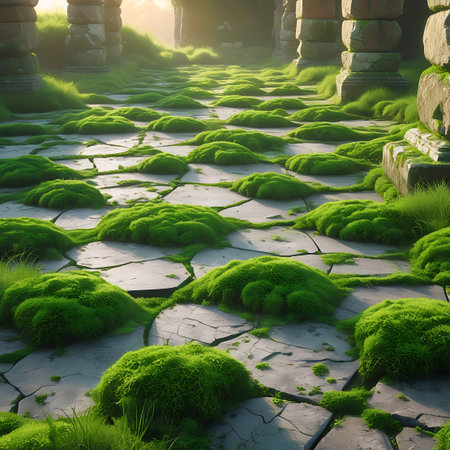A stone walkway, formed by large, cracked cobblestones, is almost entirely consumed by vibrant green moss. The scene is bathed in soft, diffused sunlight, creating a serene and tranquil atmosphere. In the background, remnants of ancient stone structures are visible, hinting at a lost civilization or a long-abandoned place.の素材