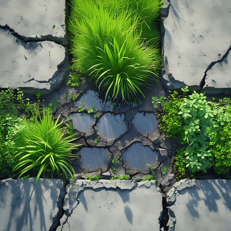 An overhead perspective reveals bright green grass pushing through a grid of fractured concrete slabs. Dark puddles of water fill the crevices and gaps, creating reflective surfaces. Small plants and weeds are interspersed with the grass, adding to the sense of natural reclamation. This image emphasizes the tenacity of life in a broken, man-made landscape.の素材