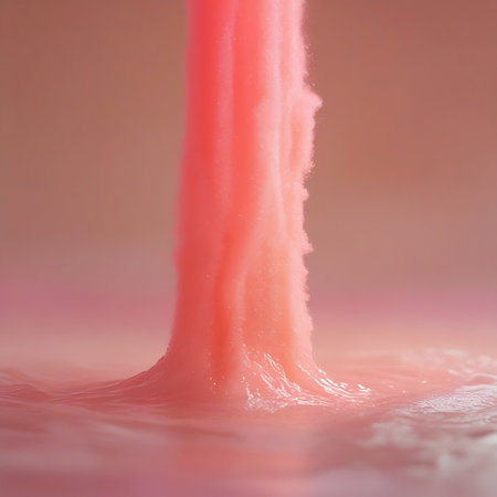 A close-up shot captures a thick stream of vibrant pink slime pouring into a body of water. The impact creates dynamic ripples and waves on the surface of the liquid. The slime appears viscous and glossy, with a smooth, flowing texture. The background is a soft, blurred pastel pink, emphasizing the bright color and fluid motion of the slime.の素材