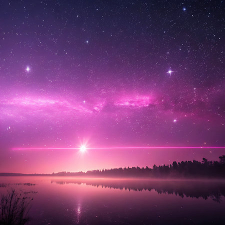 A breathtaking night sky is filled with a vibrant pink and purple nebula and countless twinkling stars. A bright, luminous light beam or starburst is visible near the horizon. The sky is perfectly reflected in the calm, dark water of a lake, creating a symmetrical and mesmerizing scene. A silhouetted line of trees forms the distant shoreline.の素材