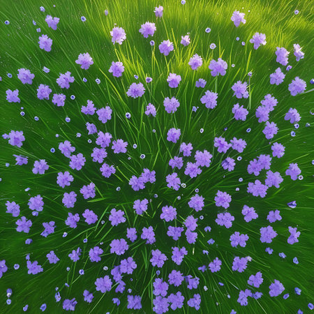 An overhead perspective captures a lush expanse of vibrant green grass interspersed with numerous small purple and white wildflowers. Dew drops glisten on the blades of grass, and sunlight casts a gentle glow, highlighting the intricate details of the natural scene. The flowers are scattered organically, creating a beautiful and delicate floral pattern.の素材
