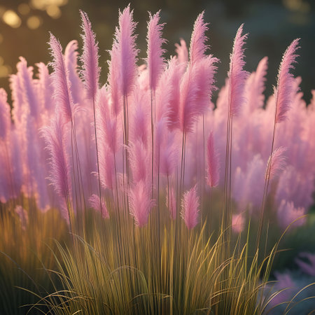 A close-up view of tall, feathery pink pampas grass plumes bathed in the warm, golden light of either sunrise or sunset. The soft, diffused light creates a bokeh effect in the background, highlighting the delicate texture of the grass. The foreground shows the lower stalks and leaves of the grass, with a gentle focus.の素材