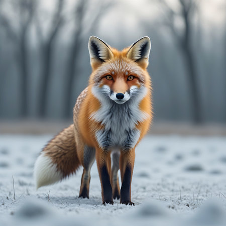 A red fox stands alert in a snow-covered field, facing the camera directly. Its vibrant orange fur contrasts with the muted tones of the winter landscape. The fox has a bushy tail tipped with white and dark legs. In the background, bare trees are visible through a soft, hazy light, creating a serene and atmospheric scene.の素材