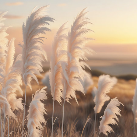 The image captures several pampas grass plumes in the soft, warm light of a sunset. The feathery, white plumes are gently swaying, suggesting a light breeze. The background is a soft, out-of-focus depiction of the sunset sky and a distant landscape, enhancing the tranquil and serene mood of the scene. The light creates a beautiful glow on the grass.の素材