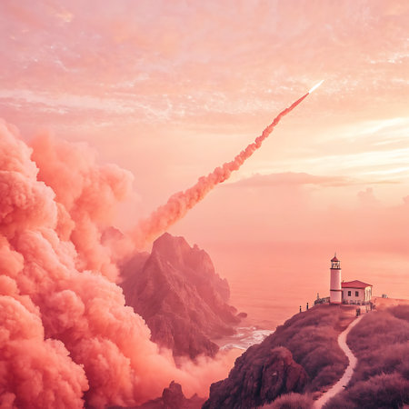A rocket ascends diagonally into a dramatic pink sky filled with swirling clouds, leaving a thick, vibrant pink smoke trail. Below, a rugged, rocky coastline with steep cliffs meets the ocean. Perched on a hill overlooking the sea is a white lighthouse with a red roof, and a winding path leads to it. The scene is bathed in the warm, surreal hues of a sunset.の素材