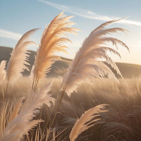 Close-up view of feathery pampas grass plumes illuminated by the warm, golden light of the golden hour. The background is softly blurred, creating a bokeh effect with rolling hills and a hazy sky. The tall grass stalks are a mix of creamy white and golden beige, appearing delicate and gently swaying in a breeze. The overall atmosphere is serene, peaceful, and ethereal, capturing the beauty of nature at dawn or dusk.の素材