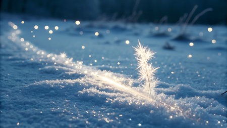 A close-up view of frosty snow-covered ground with delicate ice crystals on a single twig. Numerous small, bright bokeh lights are scattered across the scene, creating a magical and sparkling effect. The shallow depth of field blurs the background, emphasizing the intricate details of the frost and the shimmering lights.の素材