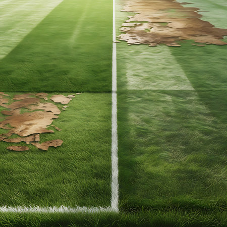 A close-up perspective of a sports field, divided by a crisp white line. The field is covered in green grass, but large patches of the turf are damaged and worn, revealing brown earth underneath. The lighting creates shadows and highlights, emphasizing the texture of the grass and the unevenness of the damaged areas.の素材