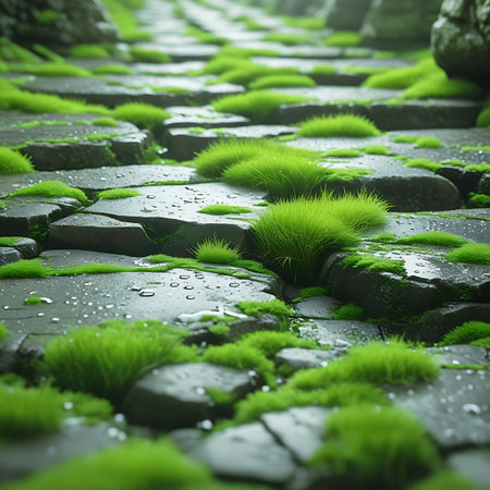 A close-up perspective of a weathered stone path, with irregular flagstones forming a walkway. The crevices and surfaces of the stones are covered in vibrant, lush green moss, glistening with numerous water droplets. The scene evokes a sense of an ancient, tranquil garden path after rain.の素材
