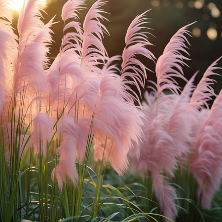 Delicate, soft pink pampas grass plumes are illuminated by the warm, golden light of sunset. The feathery seed heads create an ethereal and romantic atmosphere. The background is a softly blurred expanse of green foliage, with the light creating a gentle bokeh effect.の素材