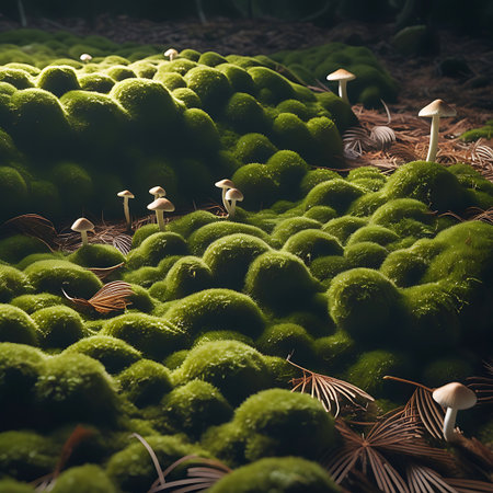A tranquil forest scene featuring numerous rounded mounds of vibrant green moss. Small, delicate mushrooms with light-colored caps and stems are dotted across the mossy landscape. Rays of sunlight penetrate the forest canopy, casting warm light and soft shadows, emphasizing the rich textures of the moss and the surrounding dry pine needles.の素材