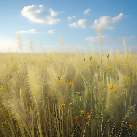 A wide view of a sunlit golden field, likely composed of tall grasses or wheat, stretching towards a distant horizon. The field is interspersed with clusters of small yellow and orange wildflowers. Above, a clear blue sky is adorned with soft, white, fluffy clouds. The overall impression is one of warmth, abundance, and natural beauty.の素材