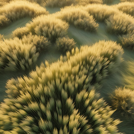 A detailed, high-angle view of numerous tufts of golden-green grass scattered across a gently contoured landscape. The warm sunlight illuminates the feathery tops of the grass, creating a soft, textured appearance. Shadows play between the tufts, adding depth and visual interest to this natural, serene scene.の素材