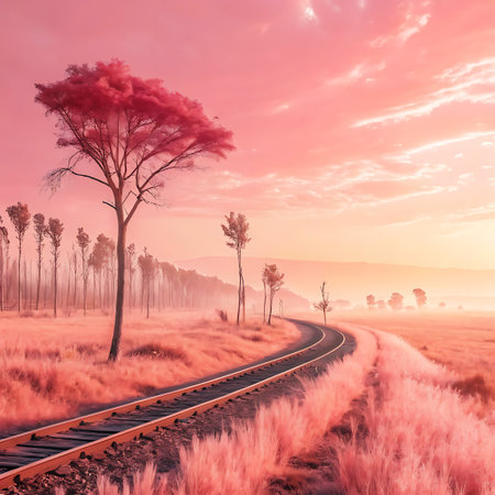 A surreal landscape is depicted with an abundance of pink vegetation, including tall grasses and trees with vibrant pink foliage. A set of train tracks curves through the scene, leading towards a misty horizon. A prominent, solitary tree with a full pink canopy stands near the tracks, with a line of slender trees in the background. The sky is a soft, gradient pink, suggesting dawn or dusk.の素材