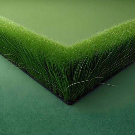 This image presents a unique perspective of dense green grass blades forming a sharp V shape. The grass appears meticulously arranged, highlighting its texture and vibrant green color. The V shape creates a geometric element within the natural material, set against a subtly textured green background. The focus is on the detailed blades and the striking form they create.の素材