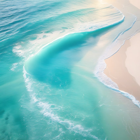 An overhead perspective reveals the dynamic movement of turquoise ocean waves as they swirl and break with white foam onto a soft sandy beach. The interplay of colors and textures creates an abstract, natural artwork. The scene is bathed in soft light, emphasizing the beauty and tranquility of the coastal environment.の素材