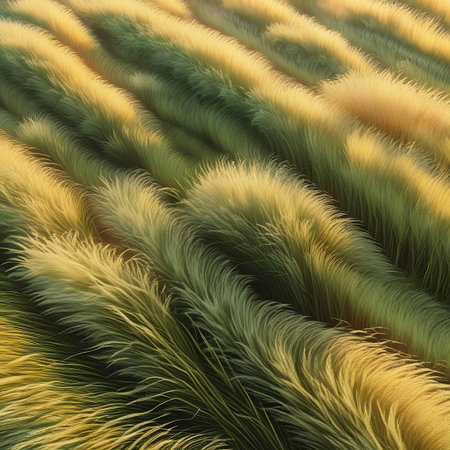 This image offers a detailed, close-up perspective of a pampas grass field illuminated by warm, golden sunlight. The focus is on the intricate textures of the feathery plumes and the underlying green stalks. The light creates a soft glow and subtle shadows, highlighting the organic patterns and the gentle undulation of the grass, suggesting a peaceful, natural environment.の素材