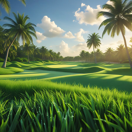 A tropical golf course bathed in sunlight, showcasing rolling green hills and manicured fairways. Tall palm trees line the course, and a putting green is visible in the distance. The foreground features lush green grass with glistening dew drops under a blue sky with scattered clouds.の素材