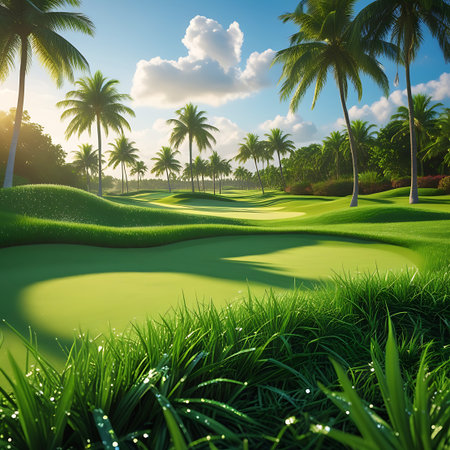 A vibrant tropical golf course with a prominent putting green in the foreground, surrounded by lush green grass and dew drops. Palm trees are scattered throughout the landscape, with rolling fairways and a bright blue sky with white clouds overhead. Sunlight illuminates the scene, highlighting the beauty of the course.の素材