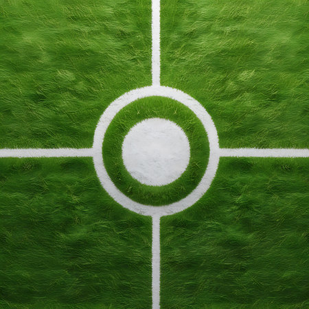 A close-up, top-down view of a perfectly manicured green grass soccer field. The image focuses on the center circle and the white lines that mark the boundaries of the field. The grass appears lush and vibrant, with individual blades visible, creating a textured surface. The white lines are crisp and clearly defined, contrasting with the green turf.の素材