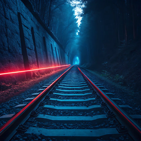 A dramatic perspective shot down a set of train tracks leading into a dark, ominous tunnel. The rails and sleepers are clearly visible, covered in gravel. A vibrant red light streaks along the left-hand side of the tracks, creating a sense of speed and mystery. The tunnel entrance is dimly lit, with a faint blue glow emanating from within, contrasting with the deep shadows of the surrounding forest and a stone wall.の素材