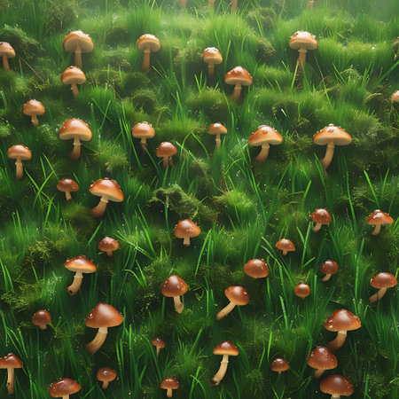 A dense carpet of vibrant green moss and grass is dotted with numerous small, brown-capped mushrooms. Tiny water droplets glisten on the blades of grass and the caps of the fungi, suggesting a recent rain or morning dew. The scene is illuminated by soft, diffused light, creating a magical and detailed view of a forest floor ecosystem.の素材