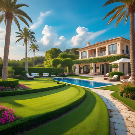 A luxurious Mediterranean-style villa is showcased on a bright, sunny day. The property features a sparkling blue swimming pool, surrounded by a manicured green lawn and vibrant flower beds. Tall palm trees and neatly trimmed hedges enhance the tropical ambiance. Outdoor furniture, including lounge chairs and a white umbrella, are arranged on a stone patio. The villa itself has multiple levels with balconies and large windows, hinting at an opulent interior. The sky is a clear blue with...の素材