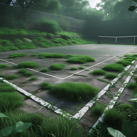 An abandoned tennis court is heavily overgrown with vibrant green grass, weeds, and dense foliage. Cracks in the concrete surface are filled with plant life, and the white court lines are partially obscured. The tennis net and surrounding fence are visible, set against a backdrop of lush trees, emphasizing nature's reclamation of the forgotten sports facility.の素材