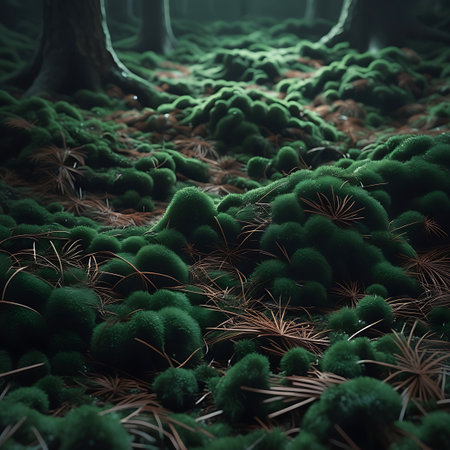 A close-up view of a forest floor covered in vibrant green moss. The moss grows in soft, rounded mounds interspersed with dry pine needles. The bases of large tree trunks are visible in the background, shrouded in a soft, atmospheric mist, creating a sense of depth and a damp, humid environment.の素材