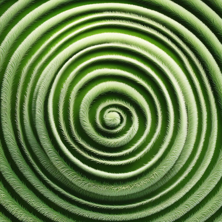 A close-up, abstract view of concentric green spirals with a soft, fibrous texture. The image features a vibrant green hue with lighter, almost white edges on the fibrous strands, creating a sense of depth and movement. Light highlights accentuate the texture and form, giving it a luminous quality. The pattern is symmetrical and organic, resembling a natural growth or a magnified plant structure.の素材