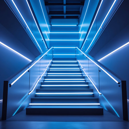 A modern staircase is dramatically illuminated by bright blue neon lights. The lights run along the edges of the steps and the handrails, creating a futuristic and sleek aesthetic. The perspective draws the eye upwards, highlighting the clean lines and geometric design of the architecture. The overall impression is one of vibrant, electric energy.の素材