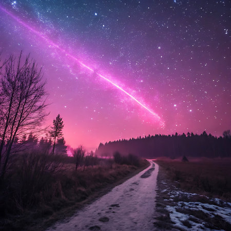 A dramatic night sky filled with countless stars and a vibrant pink and purple nebula dominates the upper portion of the image. A bright pink meteor streaks across the sky, leaving a luminous trail. Below, a snow-dusted path winds through a dark forest of silhouetted trees with bare branches. The ground is partially covered in snow, suggesting a cold, wintery night.の素材