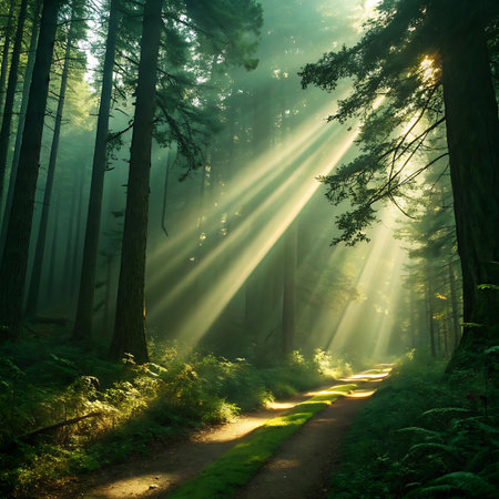 Sunbeams dramatically pierce through the canopy of a lush, green forest, illuminating a winding dirt path. The light rays create a misty, ethereal atmosphere, highlighting the textures of the trees, ferns, and undergrowth. The path is dappled with sunlight and shadow, inviting exploration into the serene woodland.の素材