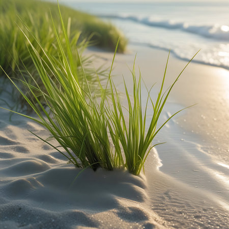 Close-up view of vibrant green grass blades growing from sand dunes on a beach. The ocean waves gently lap the shore in the background, reflecting the soft sunlight. The sand shows subtle textures and ripples, with the wet sand glistening near the water's edge.の素材