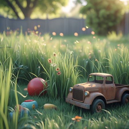 A rusty vintage toy pickup truck is placed in a sunlit, overgrown grassy backyard. A large red ball is nearby, and a few small wildflowers are scattered amongst the tall green blades of grass. The sunlight creates a warm, hazy effect, with blurred trees and a fence in the background. Additional small toys are visible in the foreground.の素材
