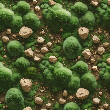 A close-up, top-down view of a textured surface covered in vibrant green, moss-like growths and scattered rocks. The fuzzy, rounded clusters of vegetation are interspersed with various sizes of light brown and tan stones and pebbles. The earthy soil provides a contrasting background to the lush greenery. The image has a natural, organic feel, with a detailed focus on the textures and forms of the elements.の素材