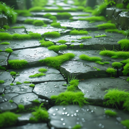 A close-up perspective of a stone pathway covered in patches of vibrant green moss and grass. The stones are wet, with numerous water droplets reflecting light. The path appears weathered and cracked, with organic growth emerging from the crevices. The scene evokes a sense of natural beauty and tranquility, with dappled light suggesting a forest or garden setting.の素材