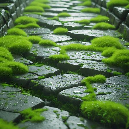 This image presents a close-up view of a stone pathway constructed from weathered, irregular flagstones. The gaps and surfaces of the stones are densely covered with bright, vibrant green moss, which is speckled with numerous glistening raindrops. The scene suggests a damp, natural environment.の素材
