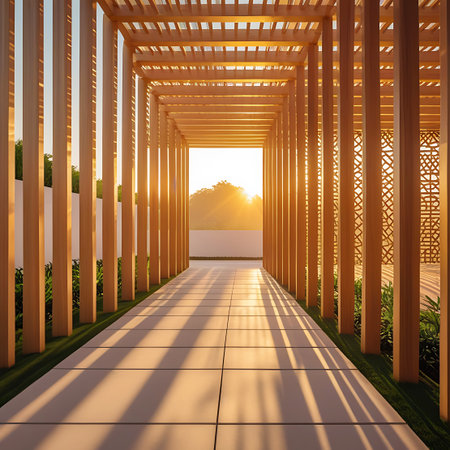 A long walkway passes through a modern wooden pergola structure. Golden sunlight streams through the slats of the pergola, casting long, geometric shadows on the tiled path. The perspective draws the viewer towards a bright, sunlit opening in the distance, with hints of greenery and sky. The clean lines and natural wood create a warm and inviting atmosphere.の素材