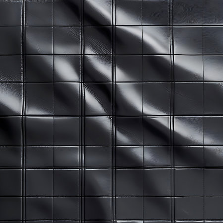 A black quilted leather surface with dramatic lighting creating strong shadows and highlights. The light plays across the quilted squares, giving a sense of depth and distortion.の素材