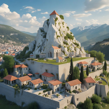 An ancient fortress complex is built directly into a dramatic rocky mountain peak, surrounded by a village and defensive walls, overlooking a valley.の素材