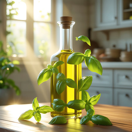 A glass bottle of golden olive oil is surrounded by fresh green basil leaves on a wooden table in a sunlit kitchen.の素材